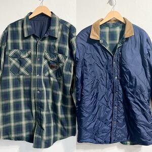 Analog Burton Jacket XL Reversible Quilt Snap Button Plaid Navy Blue Barn Chore